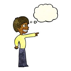 cartoon grinning boy pointing with thought bubble N3
