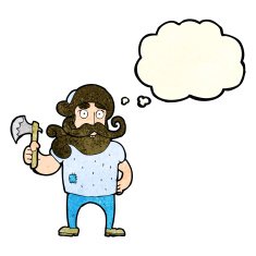 cartoon lumberjack with axe thought bubble N4