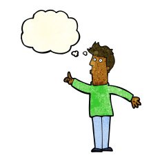cartoon man advising caution with thought bubble N4
