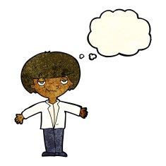 cartoon smug boy with thought bubble N4
