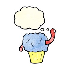 cartoon worm in cupcake with thought bubble N4
