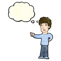 cartoon pointing man with thought bubble N30