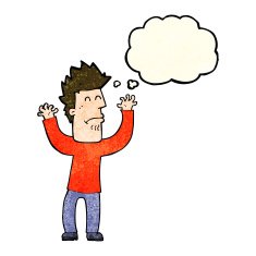 cartoon stressed man with thought bubble N25