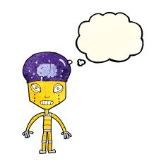 cartoon weird robot with thought bubble N4
