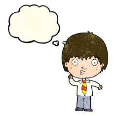 cartoon school boy answering question with thought bubble N18