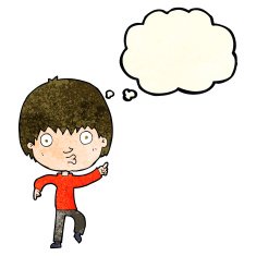 cartoon impressed boy pointing with thought bubble N4