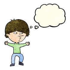 cartoon suspicious man with thought bubble N16