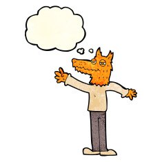 cartoon waving fox with thought bubble N4