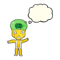 cartoon future robot with thought bubble N3