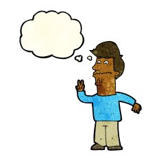 cartoon man giving peace sign with thought bubble N20