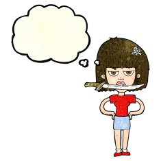 cartoon woman with knife between teeth thought bubble N14