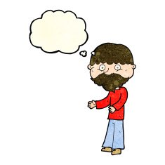 cartoon happy bearded man with thought bubble N3