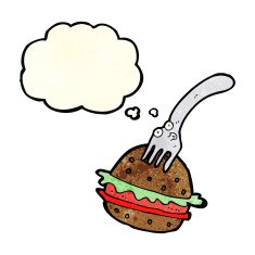 cartoon fork and burger with thought bubble N2