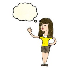 cartoon pretty woman waving with thought bubble N30