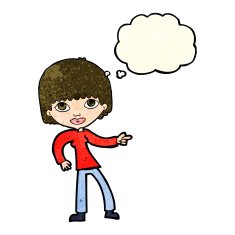 cartoon woman pointing with thought bubble N66