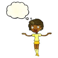 cartoon woman spreading arms with thought bubble N4