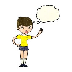 cartoon woman waving with thought bubble N107