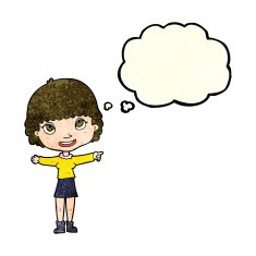 cartoon happy woman pointing with thought bubble N22