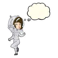 cartoon woman wearing space helmet with thought bubble N6