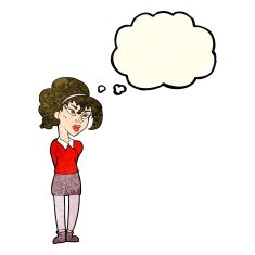cartoon pretty girl tilting head with thought bubble N4