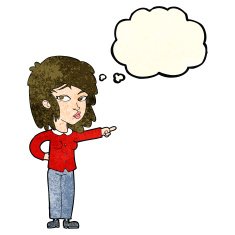 cartoon woman pointing with thought bubble N68
