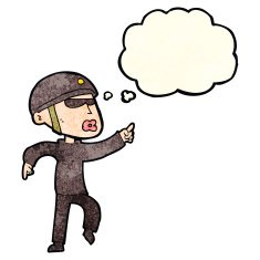 cartoon man in bike helmet pointing with thought bubble N3