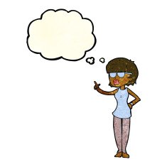 cartoon woman wearing spectacles with thought bubble N15
