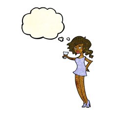 cartoon woman at party with thought bubble N7