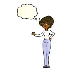 cartoon woman waving with thought bubble N110