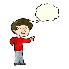 cartoon man pointing with thought bubble N59