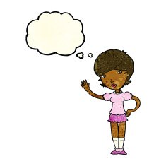 cartoon girl waving with thought bubble N10