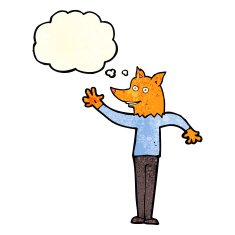 cartoon waving fox man with thought bubble N2