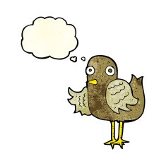 cartoon bird waving wing with thought bubble N4