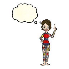 cartoon woman covered in tattoos with thought bubble N3