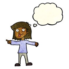 cartoon happy woman pointing with thought bubble N23