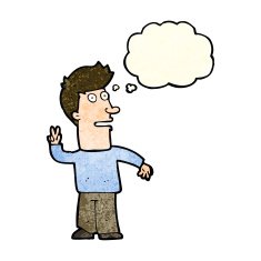 cartoon man making peace sign with thought bubble N3