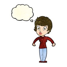cartoon woman shrugging shoulders with thought bubble N159