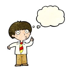 cartoon school boy with question thought bubble N3