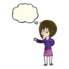 cartoon woman making welcome gesture with thought bubble N4