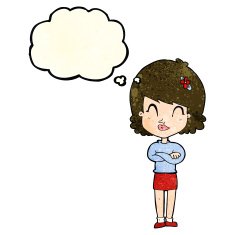 cartoon happy woman with folded arms thought bubble N8