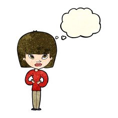 cartoon woman gesturing at herself with thought bubble N4