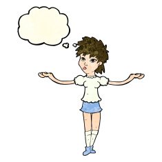 cartoon woman shrugging shoulders with thought bubble N160