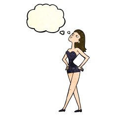 cartoon woman in party dress with thought bubble N3