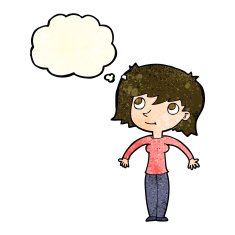 cartoon woman shrugging with thought bubble N21