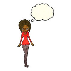 cartoon woman in short dress with thought bubble N4