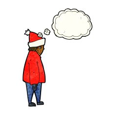 cartoon person in winter clothes with thought bubble N4