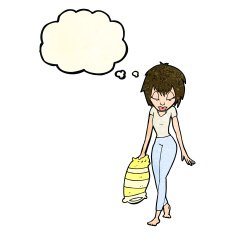 cartoon woman going to bed with thought bubble N3