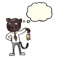cartoon business cat with dead mouse thought bubble N4