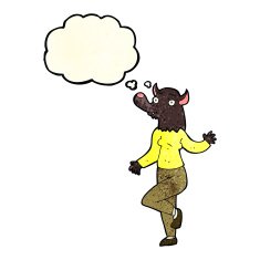 cartoon dancing werewolf woman with thought bubble N2