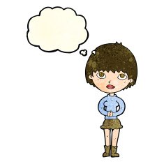 cartoon woman waiting patiently with thought bubble N4